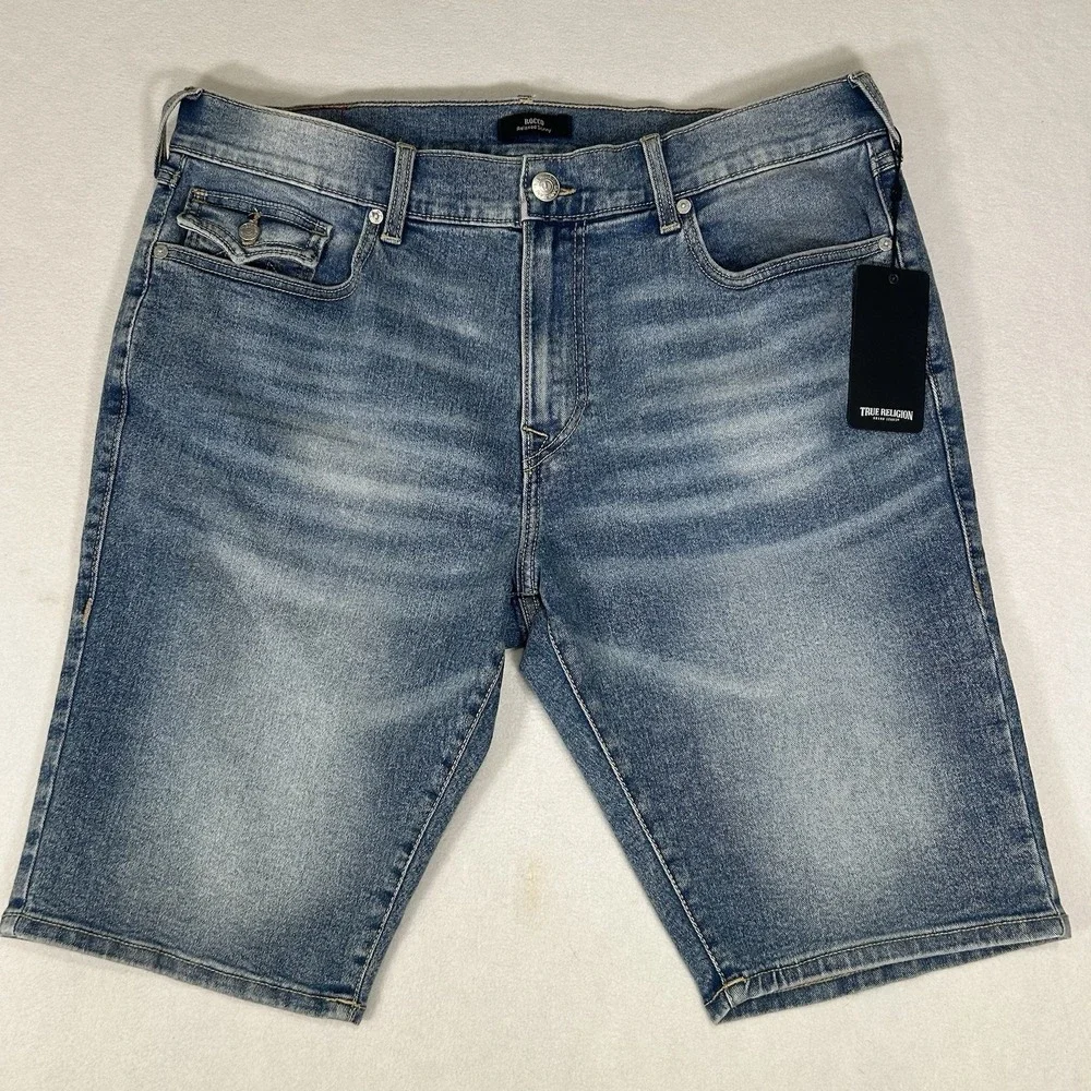 NWT True Religion Mens Rocco SN Flap Shorts Light Wash Size 36 Relaxed‎ Skinny
